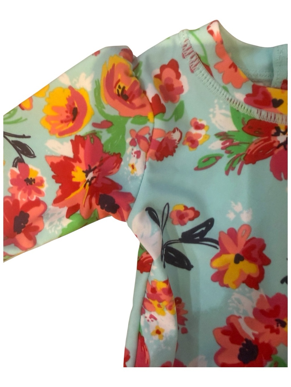 Ruffle Butts Light Blue Floral Long Sleeve Swim Suit with Pink & Yellow Flowers - Picture 7 of 12